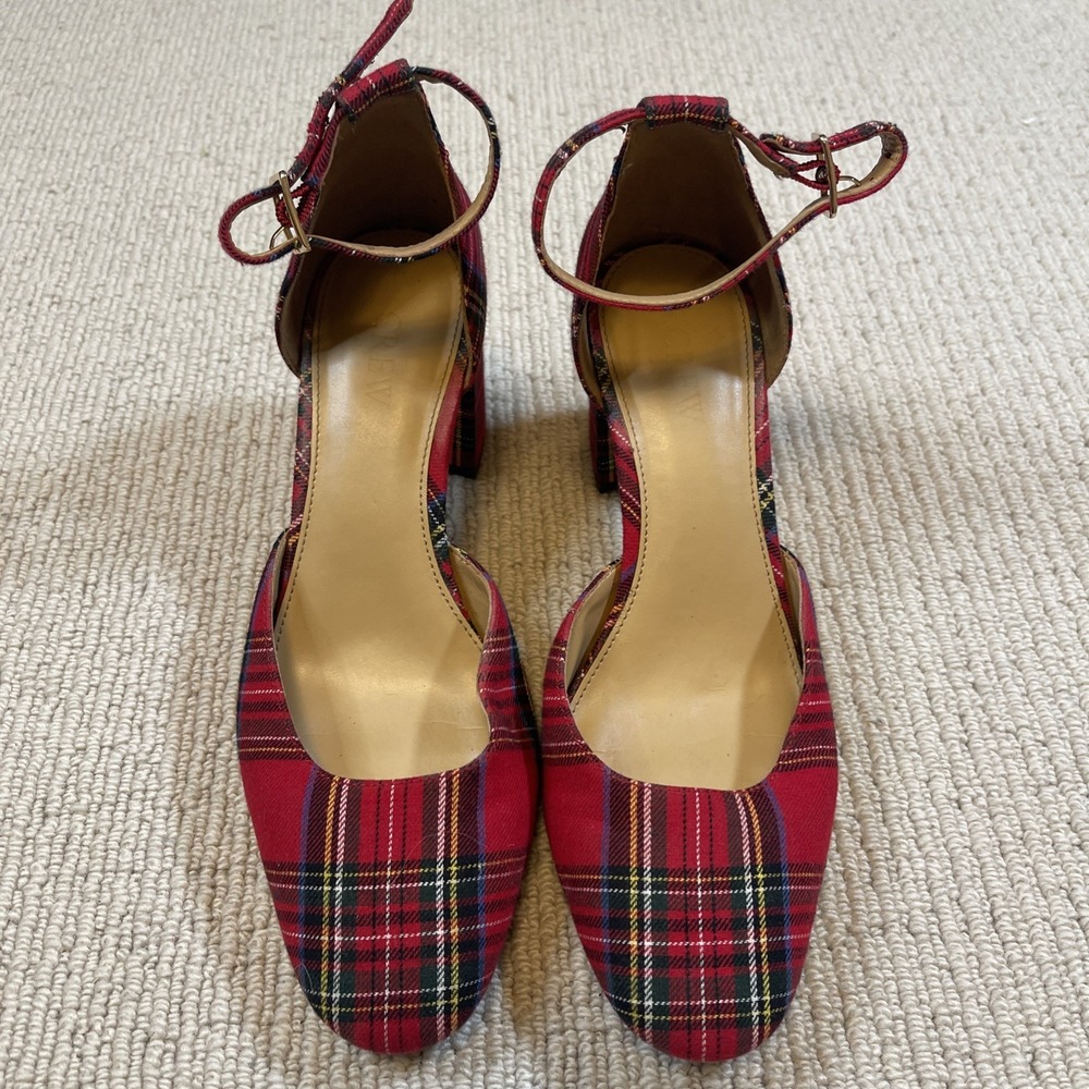 J.Crew Women's 7 Tartan Plaid Pumps Block Heel Ankle Strap Pumps Red Holiday